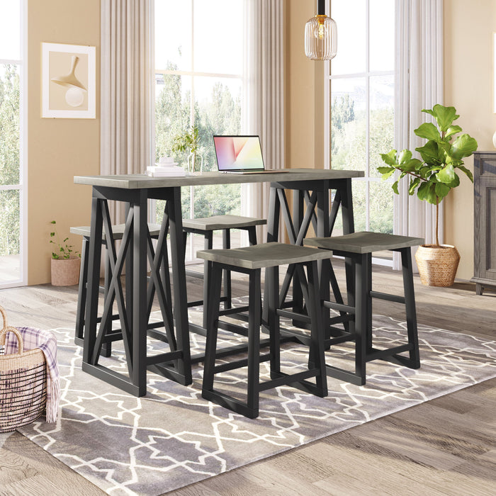 Topmax Rustic Counter Height 5 Piece Dining Set, Wood Console Table Set With 4 Stools For Small Places, Grey