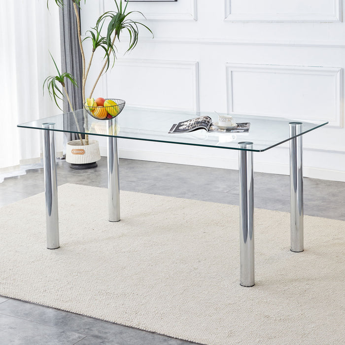A Modern Minimalist Style Glass Dining Table, Transparent Tempered Glass Tabletop With A Thickness Of 0.3 Feet And Silver Metal Legs, Suitable For Restaurants And Living Rooms