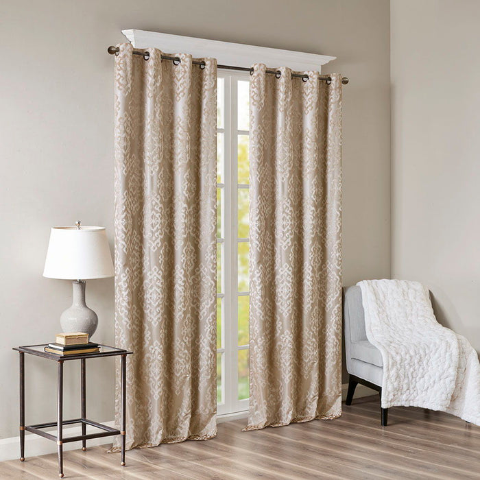 Knitted Jacquard Damask Total Blackout Grommet Top Curtain Panel - Champagne