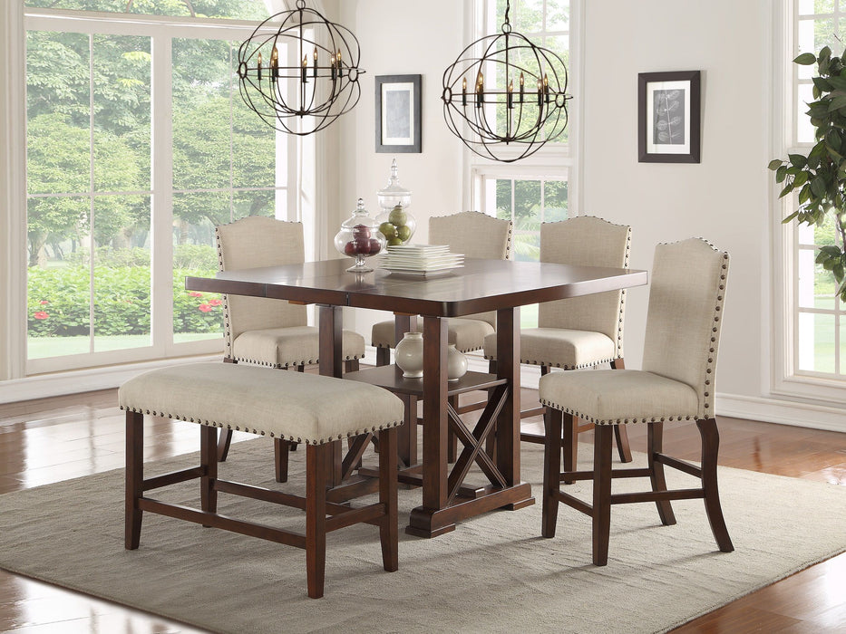 Classic Cream Finish Upholstered Cushion Chairs 1 Piece Counter Height Bench Nailheads Solid Wood Legs Dining Room