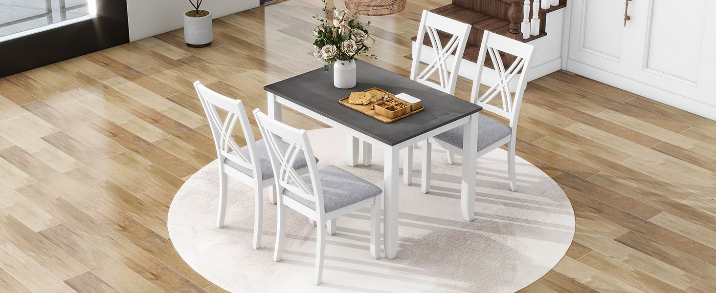 Topmax Rustic Minimalist Wood 5 Piece Dining Table Set With 4 X-Back Chairs For Small Places, Gray