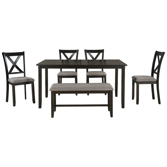 Trexm 6 Piece Kitchen Dining Table Set Wooden Rectangular Dining Table, 4 Fabric Chairs And Bench Family Furniture (Espresso)