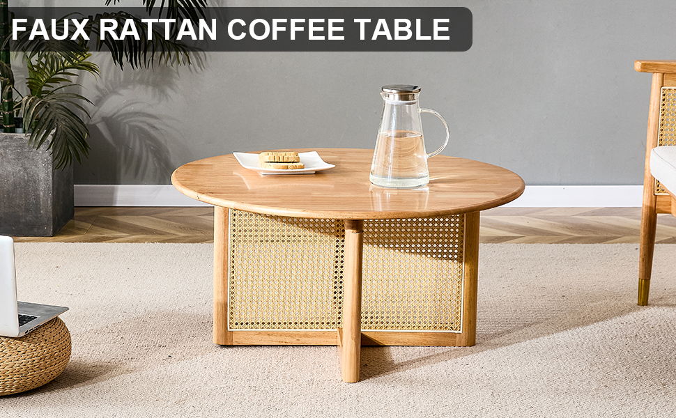 Naturally Elegant Wooden Coffee Table With Faux Rattan Accents - Perfect For Stylish Living Rooms And Cozy Tea Time