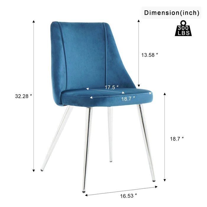 Modern Simple Velvet Blue Dining Chair Home Bedroom Stool Back Dressing Chair Student Desk Chair Chrome Metal Legs (Set of 4)