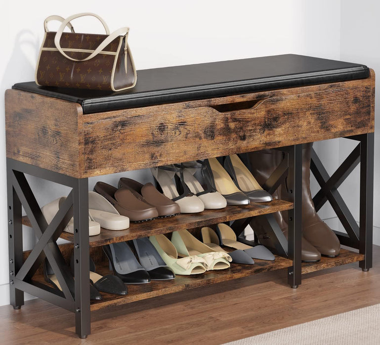Shoe Bench, Lift Top Shoe Storage Bench, Adjustable Shelf Entryway Bench With Cushion