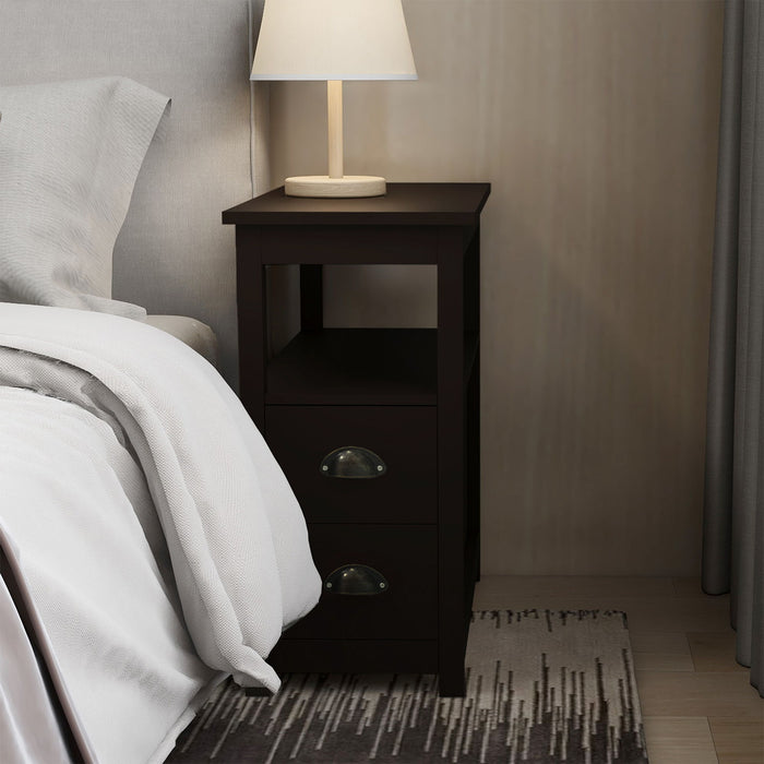 End Table Narrow Nightstand With Two Drawers And Open Shelf - Brown