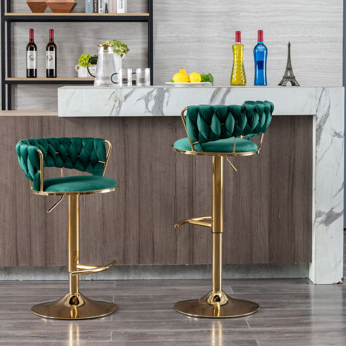 (Set of 2) Green Bar Stools, With Chrome Footrest And Base Swivel Height Adjustable Mechanical Lifting Velvet And Golden Leg Simple Bar Stool