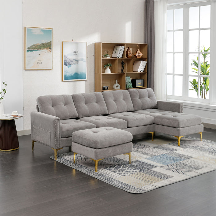 Shape Convertible Sectional Sofa Couch With Movable Ottoman For Living Room, Apartment, Office, Light Grey