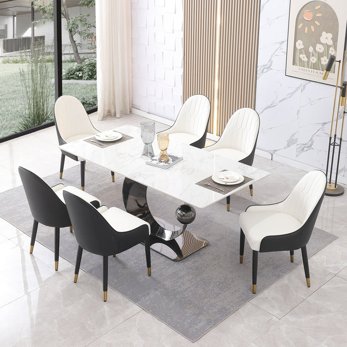 Stone Diningtable With Carrara White Color And Round Special Shape Carbon Steel Pedestal Base With 6 Pieces Chairs
