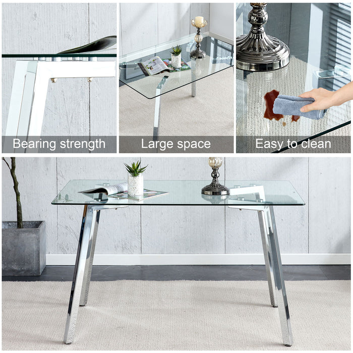 Glass Dining Table Modern Minimalist Rectangular For 4 - 6 With Tempered Glass Tabletop And Plating Metal Legs, Writing Table Desk, For Kitchen Dining Living Room