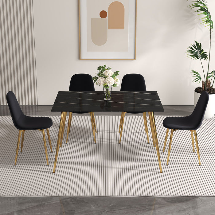 A (Set of 4) Dining Chairs And A Dining Table, Featuring Modern Medieval Style Restaurant Cushioned Side Chairs, Equipped With Soft Velvet Fabric Cushions And Spoon Shaped Golden Metal Legs