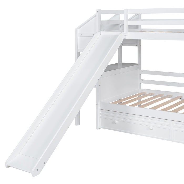 Twin Over Twin Bunk Bed With Storage Staircase Slide And Drawers, Desk With Drawers And Shelves, White