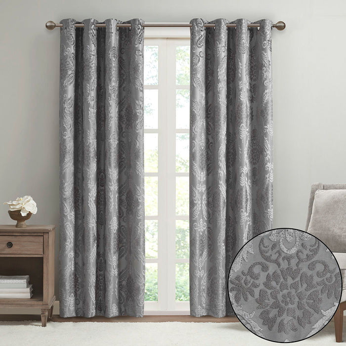Knitted Jacquard Paisley Total Blackout Grommet Top Curtain Panel, Grey