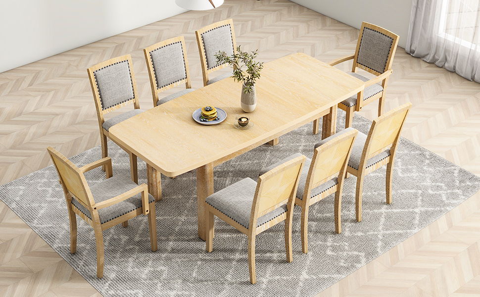 Topmax Rustic Extendable 84Inch Dining Table Set With Removable Leaf, 6 Upholstered Armless Dining Chairs And 2 Padded Arm Chairs, 9 Pieces, Natural