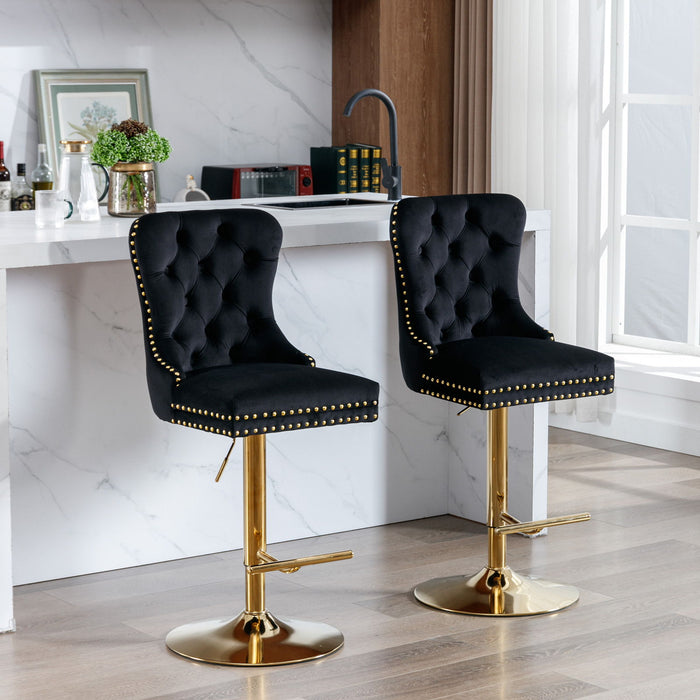 A&A Furniture, Thick Golden Swivel Barstools Adjusatble Seat Height From, Modern Upholstered Bar Stools With Backs Comfortable Tufted For Home Pub And Kitchen Island Black (Set of 2)