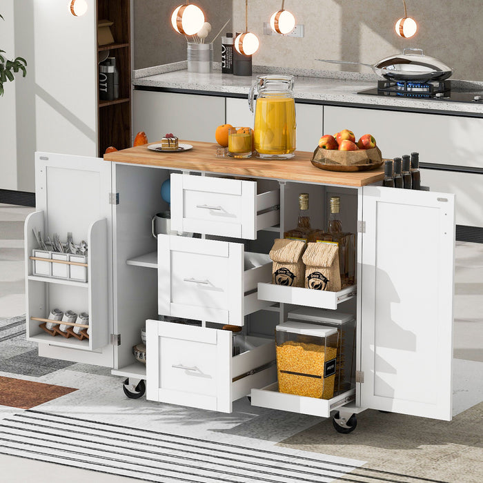 K&K Rolling Kitchen Island With Storage, Kitchen Cart With Rubber Wood Top, 3 Drawer, 2 Slide - Out Shelf And Internal Storage Rack, Kitchen Island On Wheels With Spice Rack & Tower Rack, White