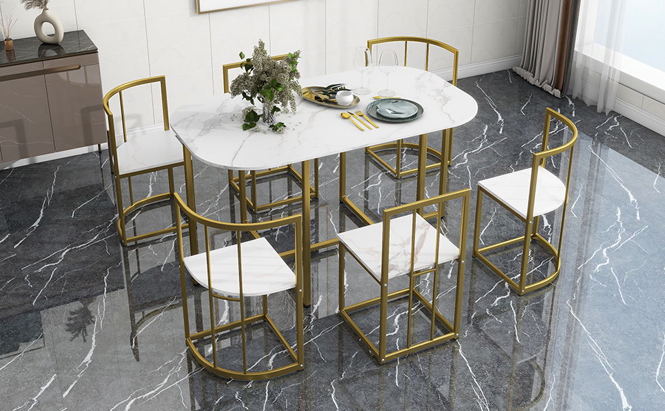 Top max Modern 7 Piece Dining Table Set With Faux Marble Compact 55 Inch Kitchen Table Set For 6, Golden / White