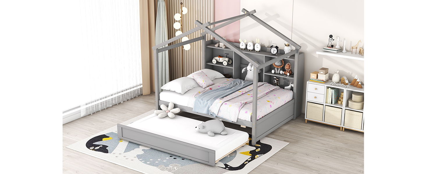 Full Size House Bed With Storage Shelves And Twin Size Trundle, Brushed Gray