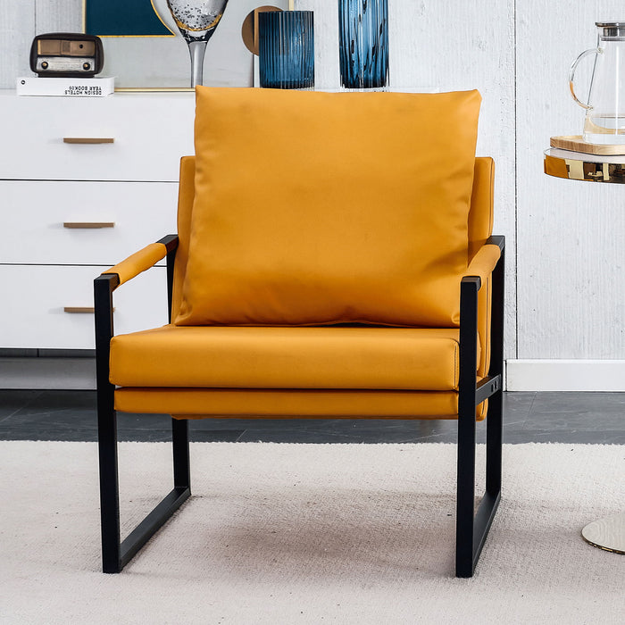 Pu Leather Armchair, Medieval Metal Frame Cushion Backrest Living Room Sofa Chair (Orange PU Leather + Metal Frame + Foam + 2 Pieces)