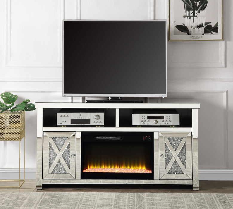 Acme Noralie TV Stand With Fireplace, Mirrored & Faux Diamonds
