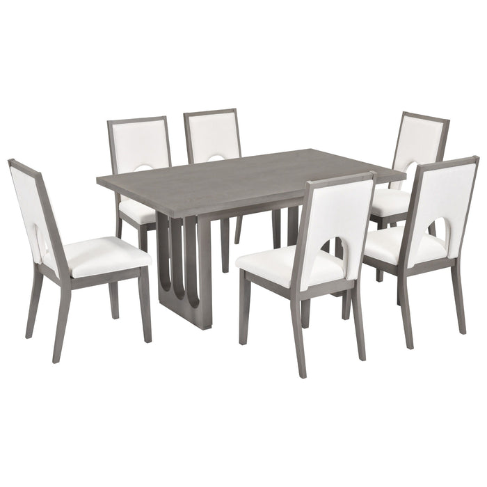 Trexm Wood Dining Table Set For 6, Farmhouse Rectangular Dining Table And 6 Upholstered Chairs Ideal For Dining Room, Kitchen (Grey / Beige)