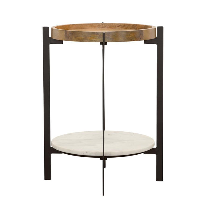 Adhvik - Round Accent Table With Marble Shelf - Natural And Black Unique Piece Furniture