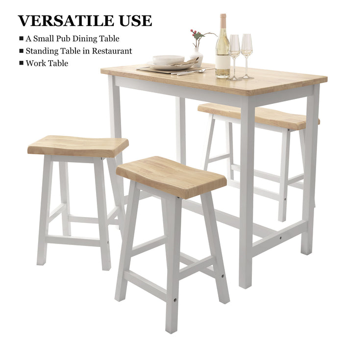 Modern Bar Dining Table Set For 4 All Rubber Wood Kitchen Bistro Counter Height Table Bench Stool For Dining Room Small Space Natural Color & White