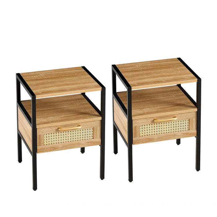 Rattan End Table With Drawer, Modern Nightstand, Metal Legs, Side Table For Living Room, Bedroom (Set of 2) - Natural
