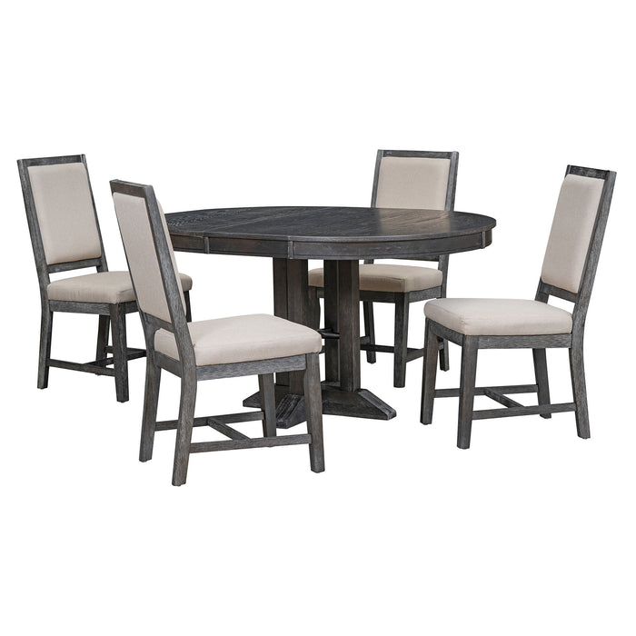 Trexm 5 Piece Dining Set Extendable Round Table And 4 Upholstered Chairs Farmhouse Dining Set For Kitchen, Dining Room (Black)