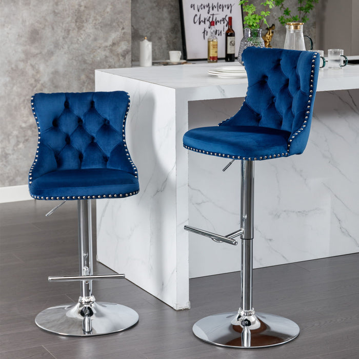 A&A Furniture, Swivel Barstools Adjusatble Seat Height From, Modern Upholstered Chrome Base Bar Stools With Backs Comfortable Tufted For Home Pub And Kitchen Island (Set of 2) - Blue