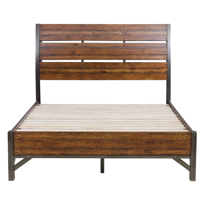 Rustic Brown And Gunmetal Finish 1 Piece Queen Size Platform Bed Industrial Design Horizontal Slats Bedroom Furniture