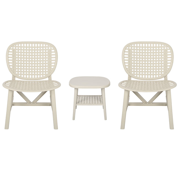 3 Pieces Hollow Design Retro Patio Table Chair Set All Weather Conversation Bistro Set Outdoor Table With Open Shelf And Lounge Chairs With Widened Seat For Balcony Garden Yard White