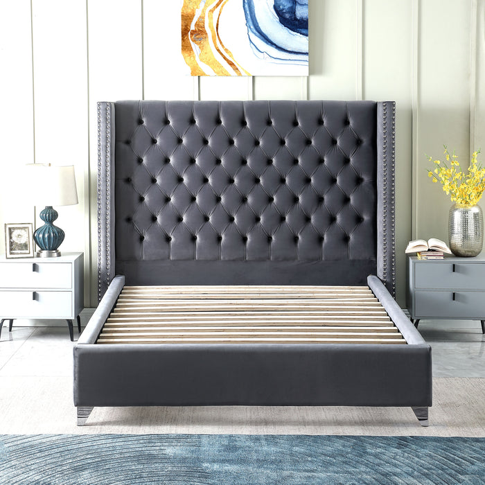 Contemporary Velvet Upholstered Bed With Deep Button Tufting, Solid Wood Frame, High - Density Foam, Silver Metal Leg, Queen Size - Grey