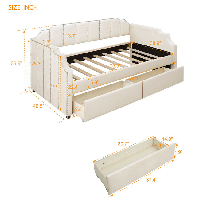 Twin Size Upholstered Daybed With Drawers, Wood Slat Support - Beige