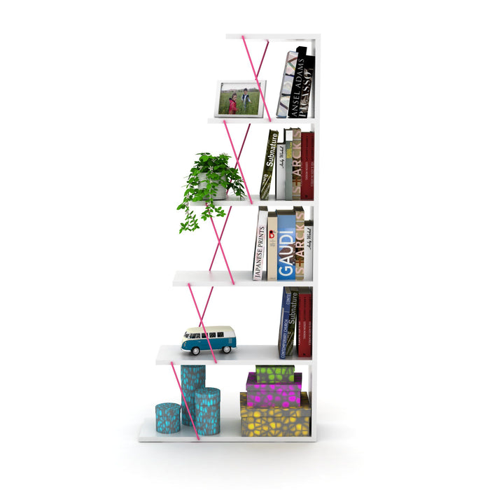 Furnish Home Store Modern 5 Tier Ladder Bookshelf Organizers, Narrow Bookshelf For Small Spaces Office Furniture Bookcase, White/Pink