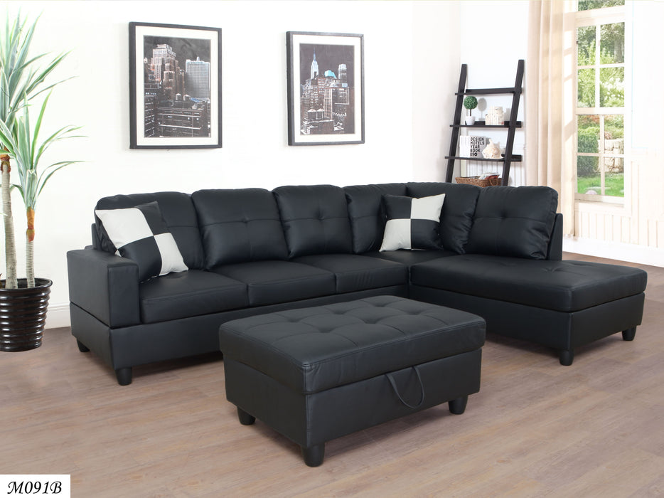 3 Pc Sectional Sofa Set (Black) Faux Leather Left Facing Sofa With Free Storage Ottoman