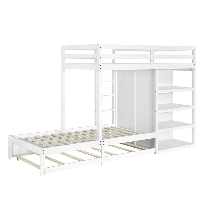 Twin-Over-Twin Bunk Bed With Wardrobe, Drawers And Shelves, White