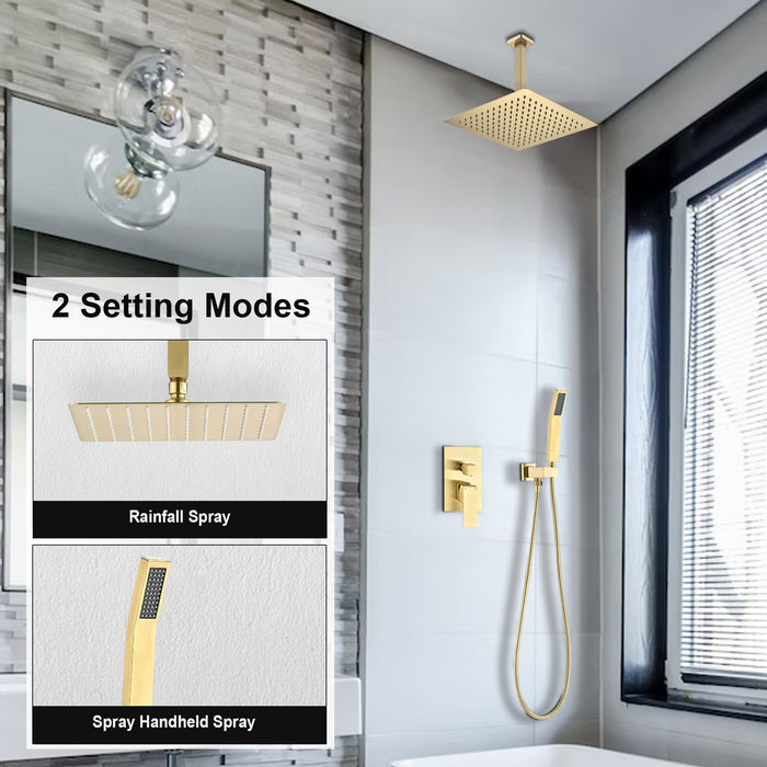 Ceiling Mounted Shower System Combo Set With Handheld And 12"Shower Head - Gold