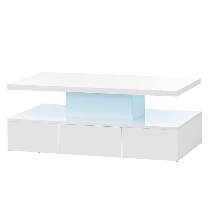 On-Trend Modern Glossy Coffee Table With Drawer, 2-Tier Rectangle Center Table With Plug - In 16 Colors LED Lighting For Living Room, 39.3''X19.6''X15.3'', White
