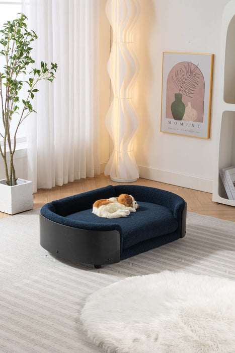 Scandinavian Style Elevated Dog Bed Pet Sofa With Solid Wood Legs And Black Bent Wood Back, Cashmere Cushion, Large Size - Dark Blue
