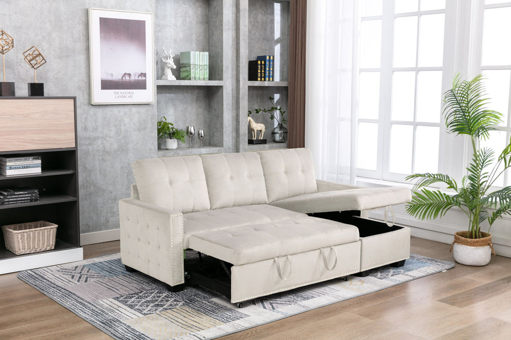 Reversible Sectional Storage Sleeper Sofa Bed, L Shape 2 Seat Sectional Chaise With Storage, Skin - Feeling Velvet Fabric, Beige Color For Living Room Furniture