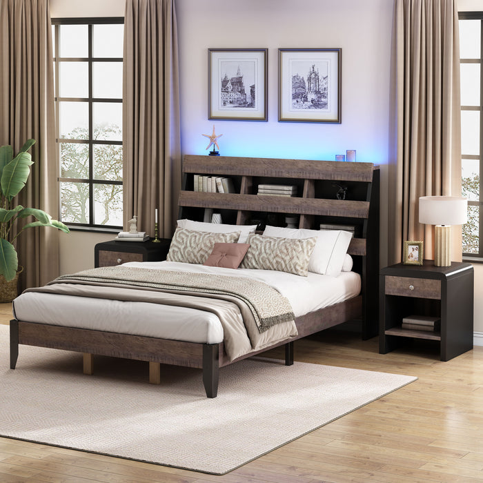 3 Pieces Bedroom Sets Mid Century Modern Style Queen Bed Frame With Bookshelf And Led Lights And Usb Port And Two Nightstands, Walnut And Black