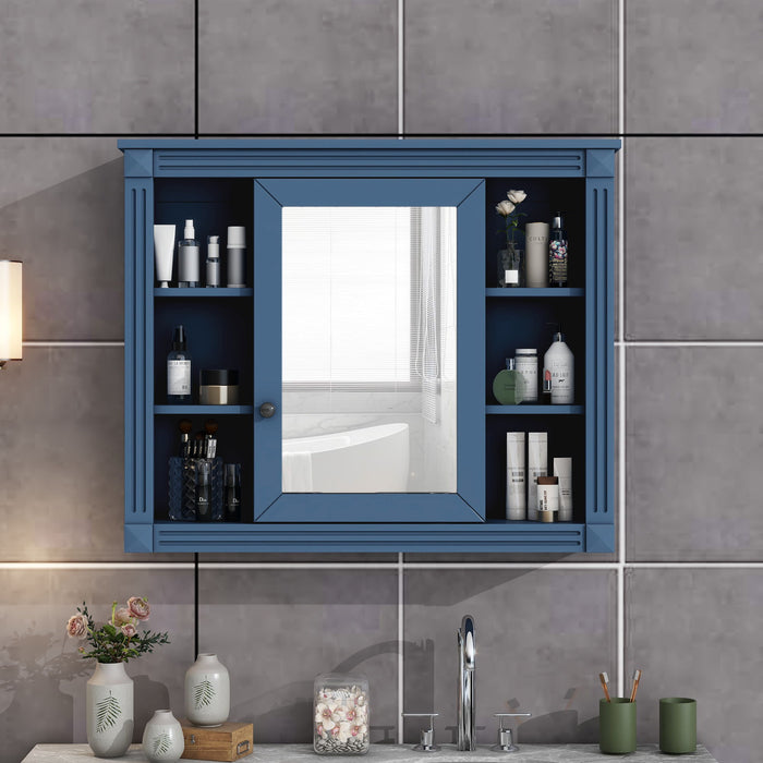 35'' X 28'' Royal Blue Wall Mounted Bathroom Storage Cabinet, Modern Bathroom Wall Cabinet With Mirror, Mirror Cabinet With 6 Open Shelves (Not Include Bathroom Vanity)