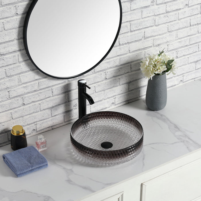 Diamond Shape Bathroom Crystal Glass Vessel Sink, Bathroom Countertop Basin (Transparent Gradient Black / Grey)