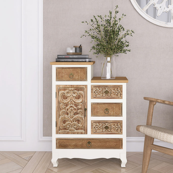 Wooden Cabinet With 5 Drawers And 1 Door, Retro Accent Storage Cabinet For Entryway, Living Room - Natural