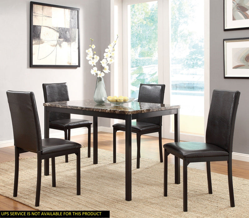 Black Metal Finish 5 Pieces Dining Set Faux Marble TableTop And 4 Side Chairs Transitional Small Dining Room Furniture