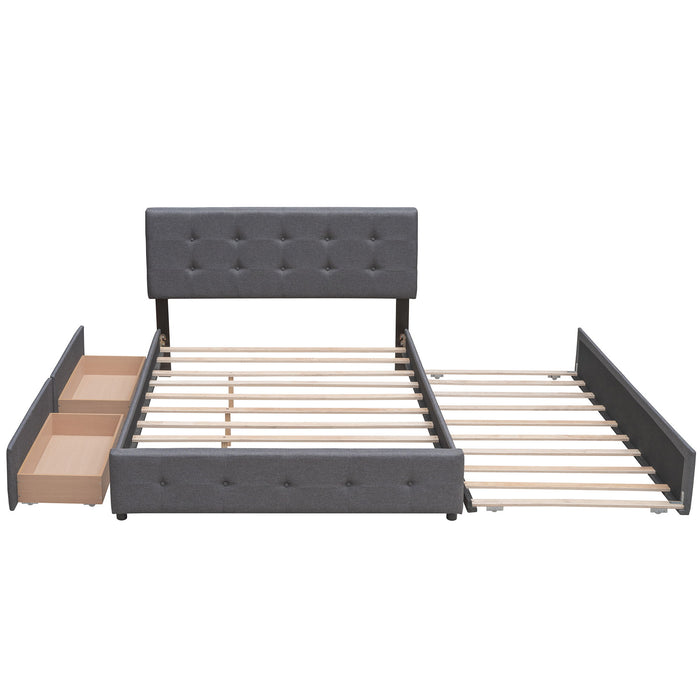 Upholstered Platform Bed With 2 Drawers And 1 Twin Long Trundle, Linen Fabric, Queen Size - Dark Gray