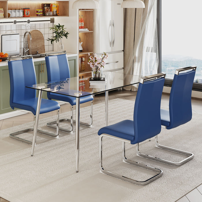 Glass Dining Table, Dining Chair Set, 4 Blue Dining Chairs, 1 Dining Table
