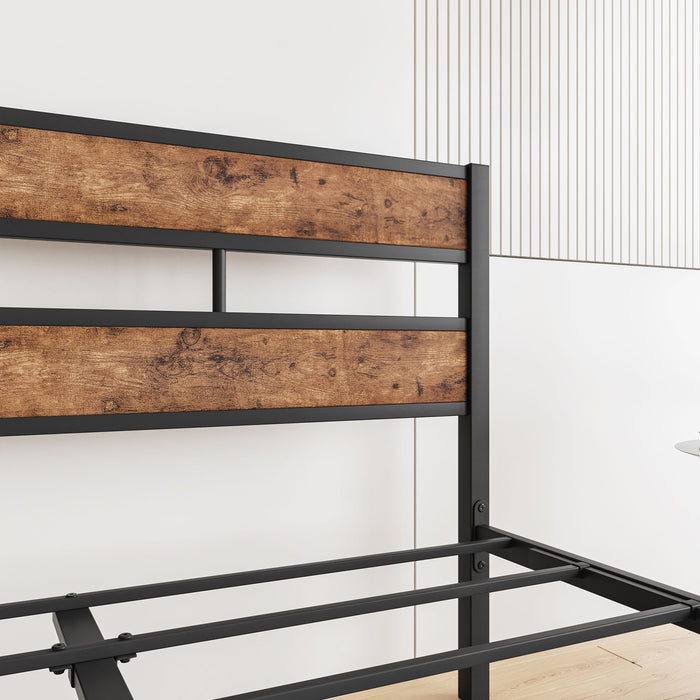 Full Size Platform Bed Frame With Wood Headboard, Strong Metal Slats Support, No Box Spring Needed - Rustic Vintage