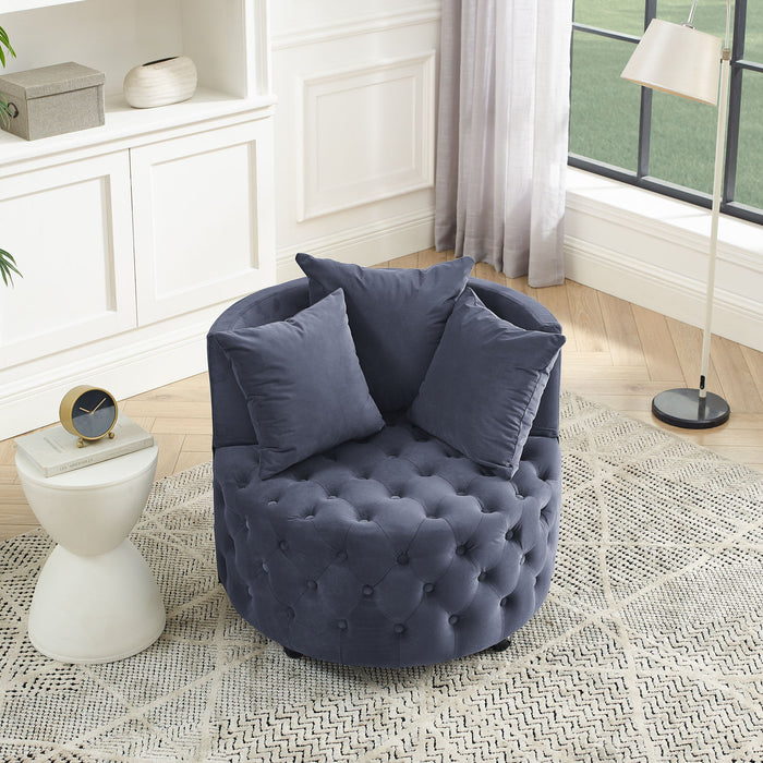 Velvet Upholstered Swivel Chair For Living Room, With Button Tufted Design And Movable Wheels, Including 3 Pillows, Grey